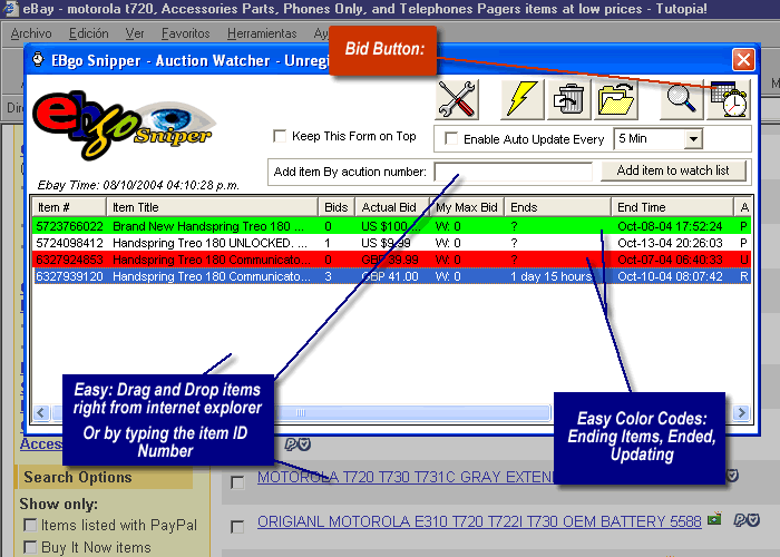 ebay auction sniper - auction watcher screenshoots